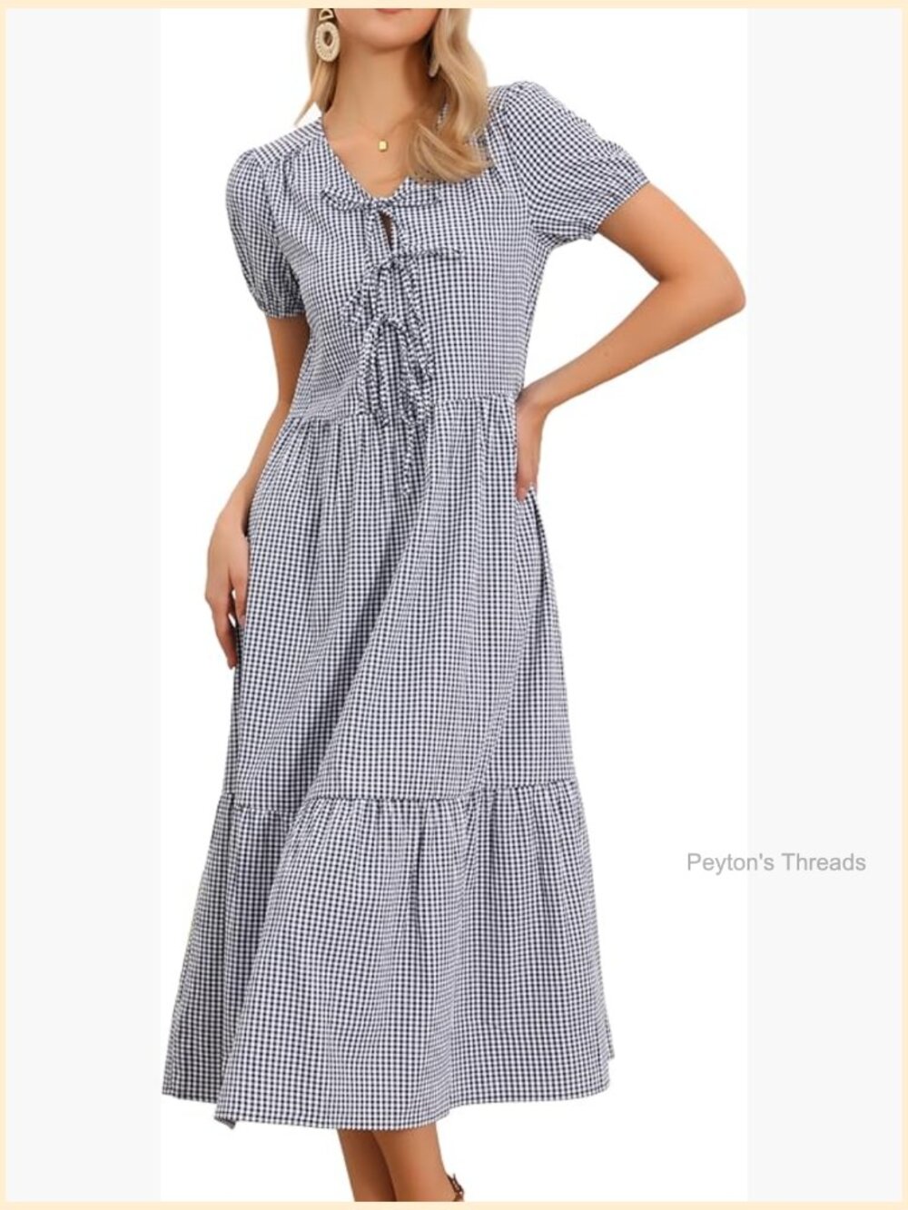 Gingham Short Sleeve Midi Flowy Tie Front Beach Dress Summer Holiday